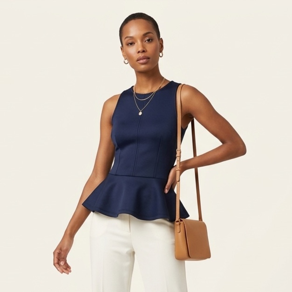 Y2K Office Siren Navy Peplum Top | High Neck Sleeveless | Something Borrowed XS